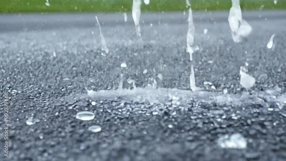 Raindrops fall onto a smooth asphalt surface, creating splashes and ripples while water beads gather, enhancing the tranquil atmosphere of a spring rain Raindrops fall onto a smooth asphalt surface, creating splashes and ripples while water beads gather, enhancing the tranquil atmosphere of a spring rain