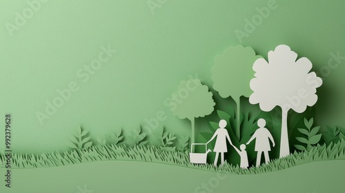 Paper Cutout Family in Nature Scene with Trees and Grass on Green Background photo