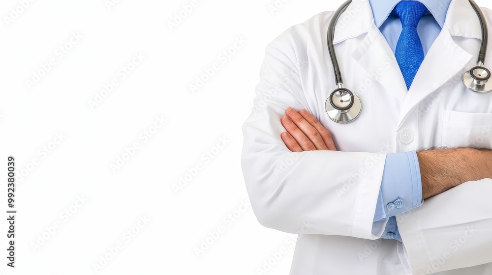 Professional Healthcare Worker in White Coat with Stethoscope Crossed Arms on White Background Professional Healthcare Worker in White Coat with Stethoscope Crossed Arms on White Background