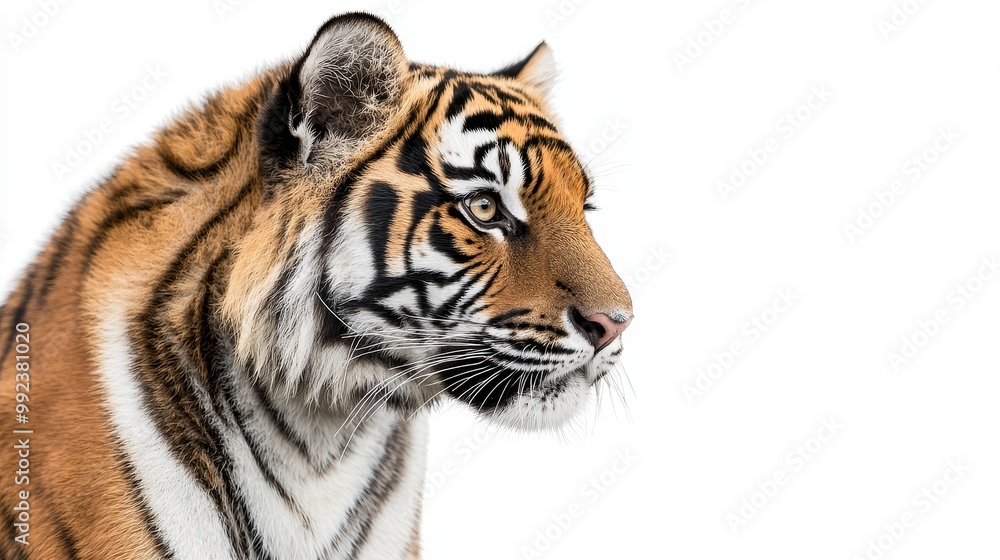 Majestic Bengal Tiger Portrait on White Background Highlighting Detailed Stripes and Intense Gaze Majestic Bengal Tiger Portrait on White Background Highlighting Detailed Stripes and Intense Gaze
