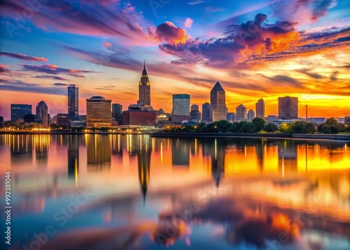 Cleveland Ohio Skyline Silhouette at Dusk with Colorful Sunset Reflections on Calm Water Surface photo