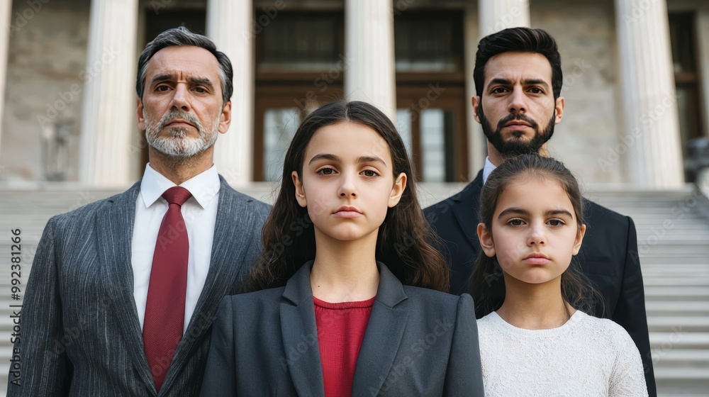 Middle Class Family Portrait in Formal Attire Standing on Steps of a Government Building Middle Class Family Portrait in Formal Attire Standing on Steps of a Government Building