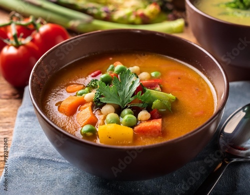 Hearty gluten-free soups with depth of field showcasing vibrant vegetables and wholesome flavors