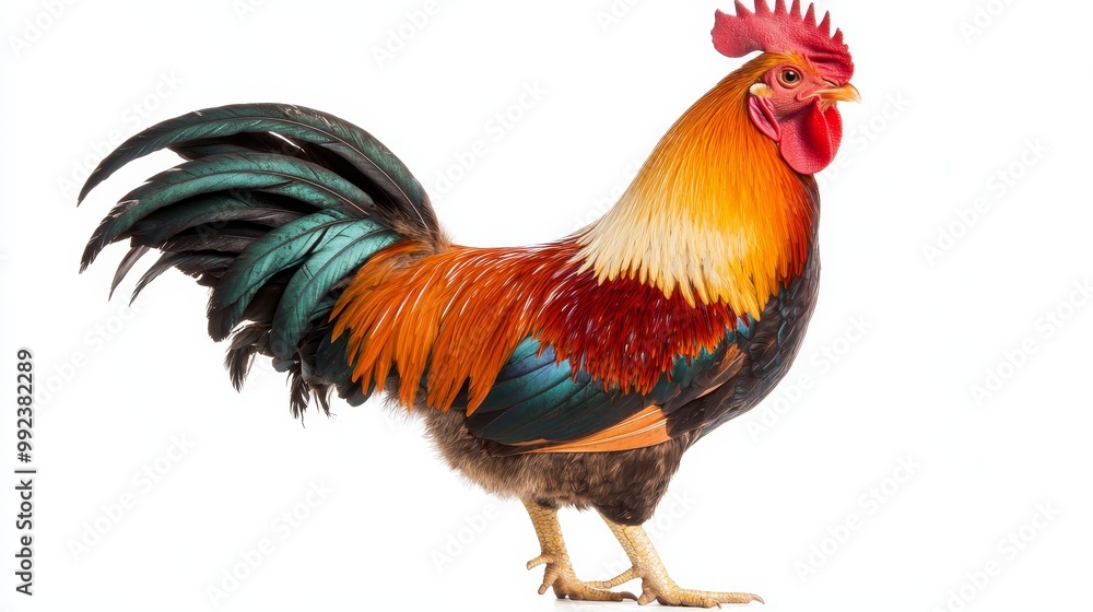 Fototapeta premium Vibrant Rooster Standing on White Background - Colorful Feathers and Majestic Pose