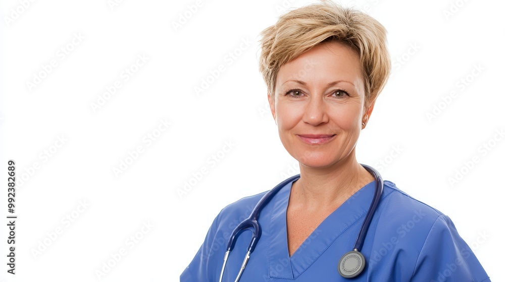 Professional Nurse in Blue Scrubs with Stethoscope on White Background - Healthcare and Medical Concept Professional Nurse in Blue Scrubs with Stethoscope on White Background - Healthcare and Medical Concept