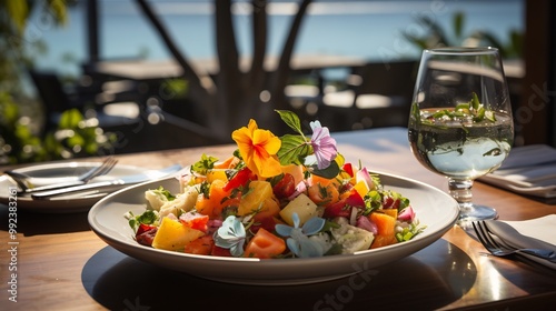 Mamoncillo fruit salad grilled shrimp fresh herb served beachside restaurant colorful table ocean wave tropical flower softly blurred background promoting healthy proteinrich meal Scientific name photo