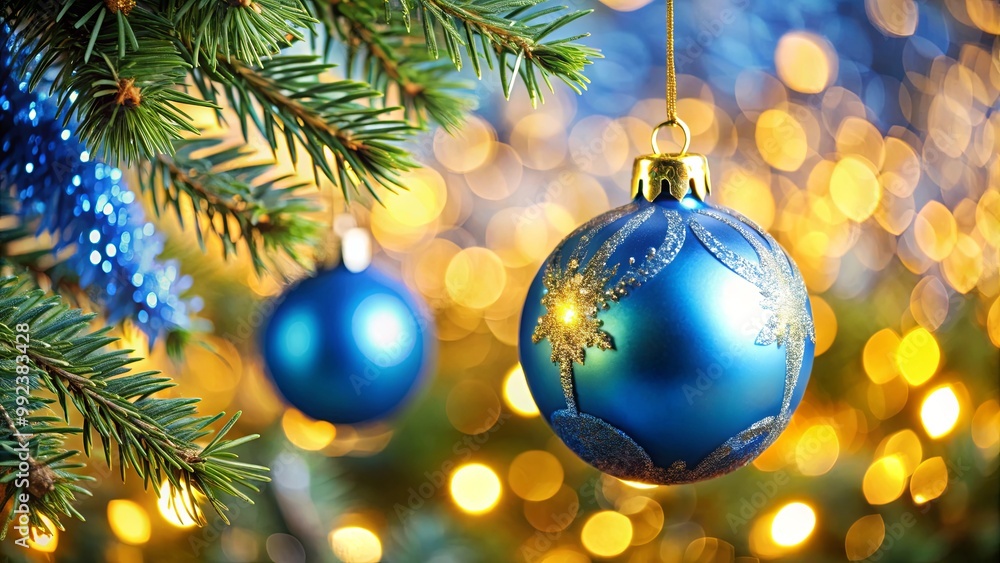 A Blue Christmas Ornament with Gold Accents Hangs from a Pine Branch with a Blurred Background of Warm Golden Lights A Blue Christmas Ornament with Gold Accents Hangs from a Pine Branch with a Blurred Background of Warm Golden Lights