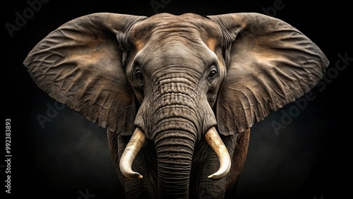 A close-up portrait of an African elephant's face, showcasing its wrinkled skin, prominent tusks, and wise eyes, set against a dark background.