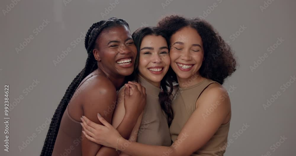 Skincare, diversity and group of women in portrait with beauty, solidarity and skin glow in studio. Cosmetics, support and happy friends with facial shine, confidence and inclusion on grey background Skincare, diversity and group of women in portrait with beauty, solidarity and skin glow in studio. Cosmetics, support and happy friends with facial shine, confidence and inclusion on grey background
