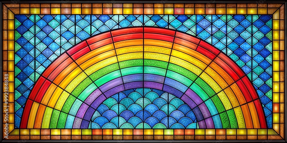 Obraz premium Stained Glass Window Depicting a Rainbow Arcing Over a Scaled Pattern in Shades of Blue