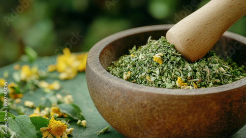 A macro shot of mortar and pestle crushing dried herbs, showcasing vibrant green and yellow colors of mixture. natural setting evokes sense of tranquility and connection to nature