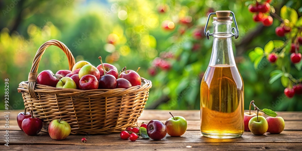 A Rustic Still Life with a Basket of Apples, a Bottle of Cider, and Ripe Cherries on a Wooden Table A Rustic Still Life with a Basket of Apples, a Bottle of Cider, and Ripe Cherries on a Wooden Table