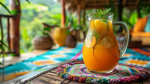 Marang fruit detox drink fresh lemon mint served clear glass pitcher vibrant wellness retreat colorful mat tropical plant softly blurred behind promoting hydration cleansing Scientific name Artocarpus photo