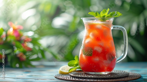 Marang fruit detox drink fresh lemon mint served clear glass pitcher vibrant wellness retreat colorful mat tropical plant softly blurred behind promoting hydration cleansing Scientific name Artocarpus photo