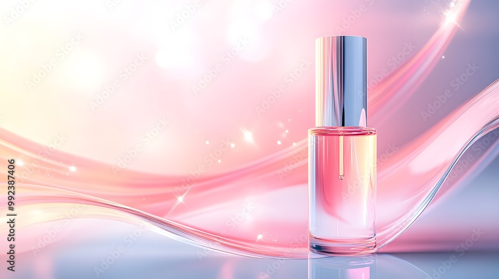 Glass Bottle of Pink Liquid on a Shimmering Abstract Background Glass Bottle of Pink Liquid on a Shimmering Abstract Background