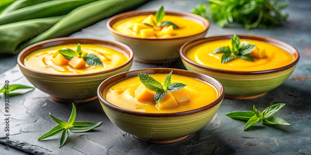 Creamy mango soup garnished with fresh mint leaves in green bowls on a slate surface Creamy mango soup garnished with fresh mint leaves in green bowls on a slate surface