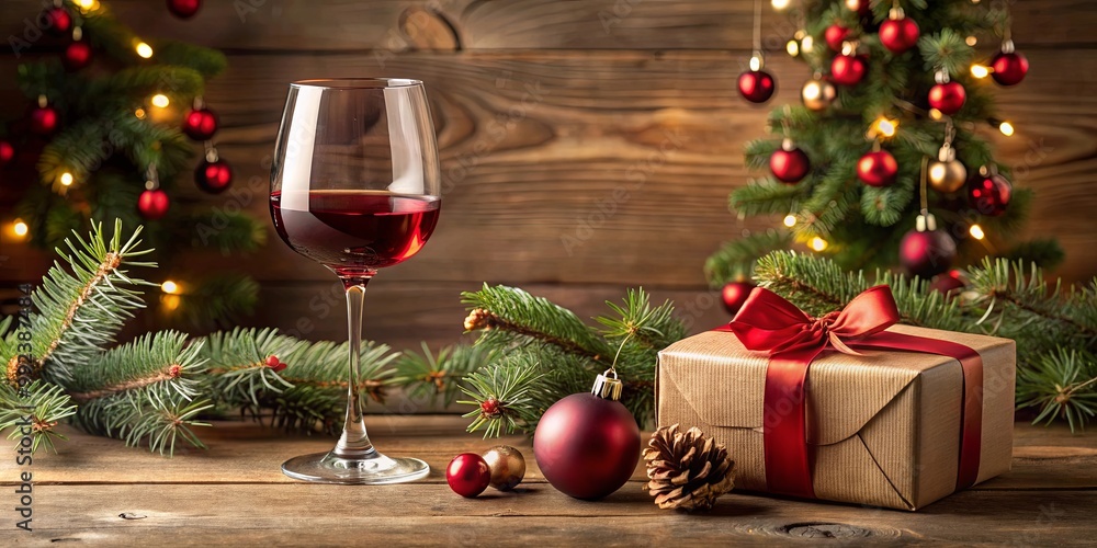 A Glass of Red Wine on a Wooden Table with Christmas Decorations, Gift and Ornaments A Glass of Red Wine on a Wooden Table with Christmas Decorations, Gift and Ornaments