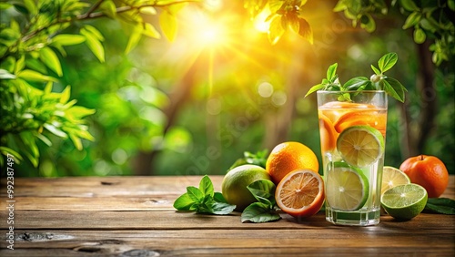 Refreshing citrus drink with sliced fruit on a wooden table in a sunny, green garden.