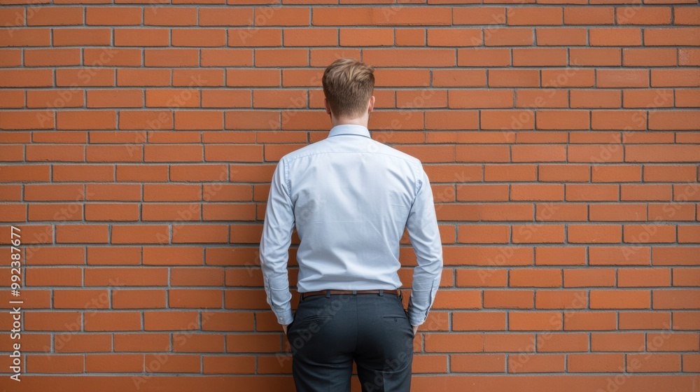 A man in a light blue shirt standing against a brick wall, back view. A man in a light blue shirt standing against a brick wall, back view.