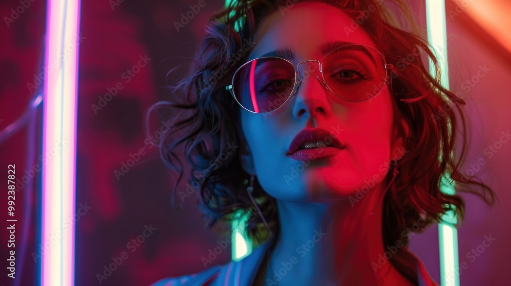 Obraz premium Attractive stylish young woman feeling confident under neon lights AI generated image