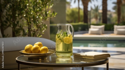 Mediterraneanstyle olive citrus detox drink served glass pitcher luxury spa brightcolored towels tropical plants softly blurred behind promoting hydration and cleansing Scientific name Olea europaea photo