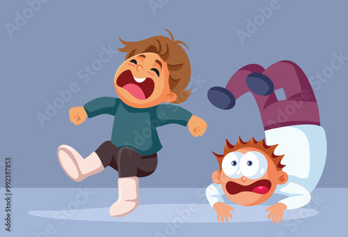 Kids Falling on a Slippery Floor Vector Cartoon illustration. Unlucky boys slipping on ice feeling hurt shouting loudly 