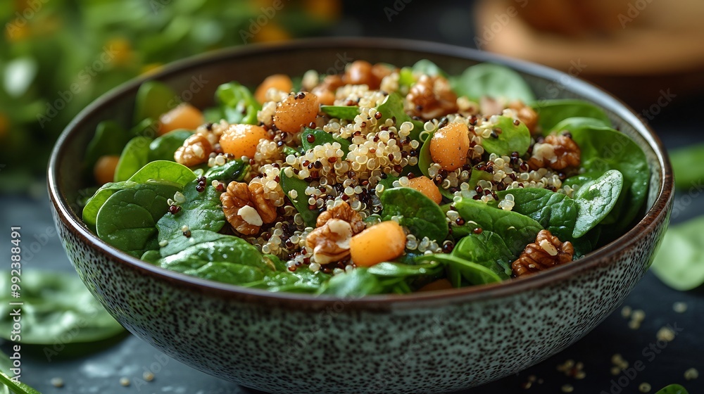 Medlar quinoa salad served ceramic bowl spinach leaves walnuts chia seeds bowl in focus while the outdoor patio is softly blurred promoting healthy balanced meals Scientific name Mespilus germanica Medlar quinoa salad served ceramic bowl spinach leaves walnuts chia seeds bowl in focus while the outdoor patio is softly blurred promoting healthy balanced meals Scientific name Mespilus germanica