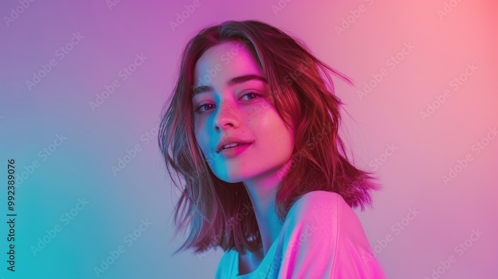 Beautiful Caucasian Female Model with gradient background in neon light AI generated image Beautiful Caucasian Female Model with gradient background in neon light AI generated image