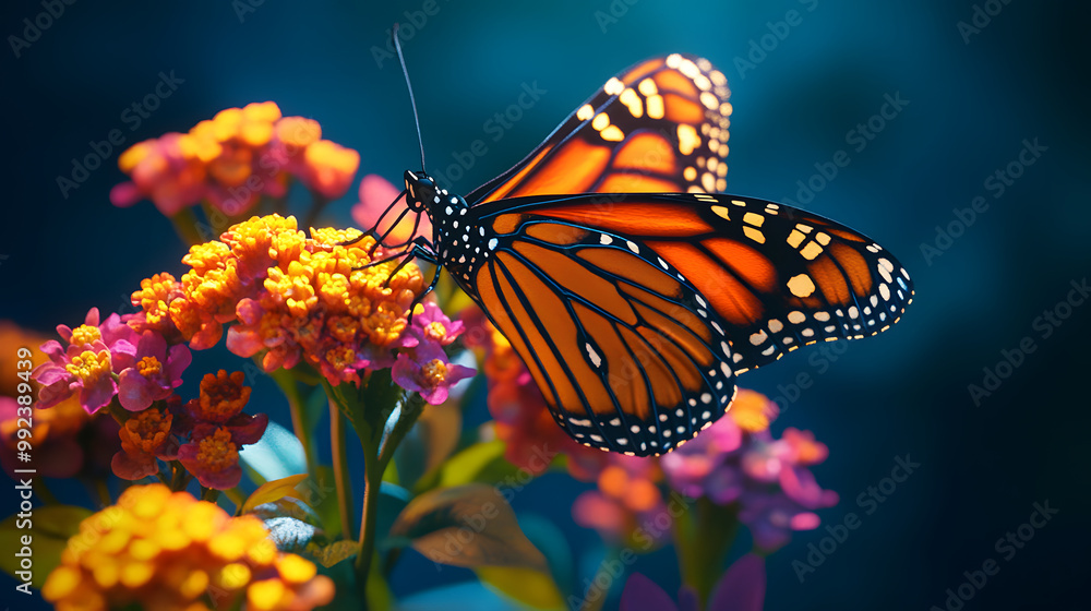 Obraz premium Beautiful orange monarch butterfly with black wings perches on a colorful yellow flower in a summer garden