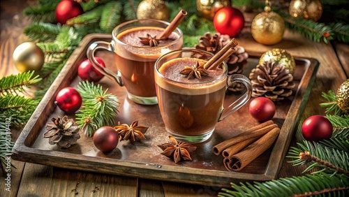 Two mugs of spiced hot chocolate with cinnamon sticks and star anise on a wooden tray surrounded by pine branches and red ornaments.