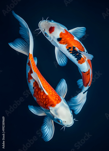 Koi fishes swimming in a clear aquarium against a dark blue background photo