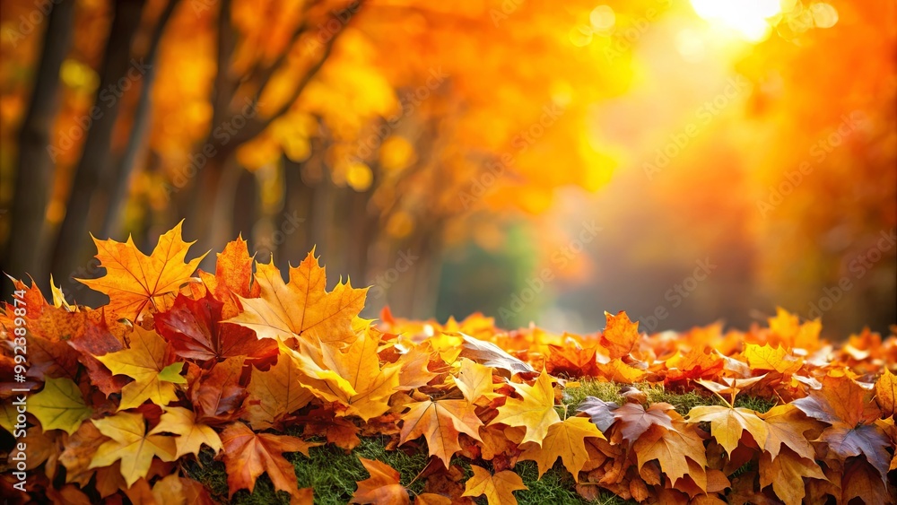 Closeup of fallen leaves with a soft background of autumn colors and sunlight Closeup of fallen leaves with a soft background of autumn colors and sunlight