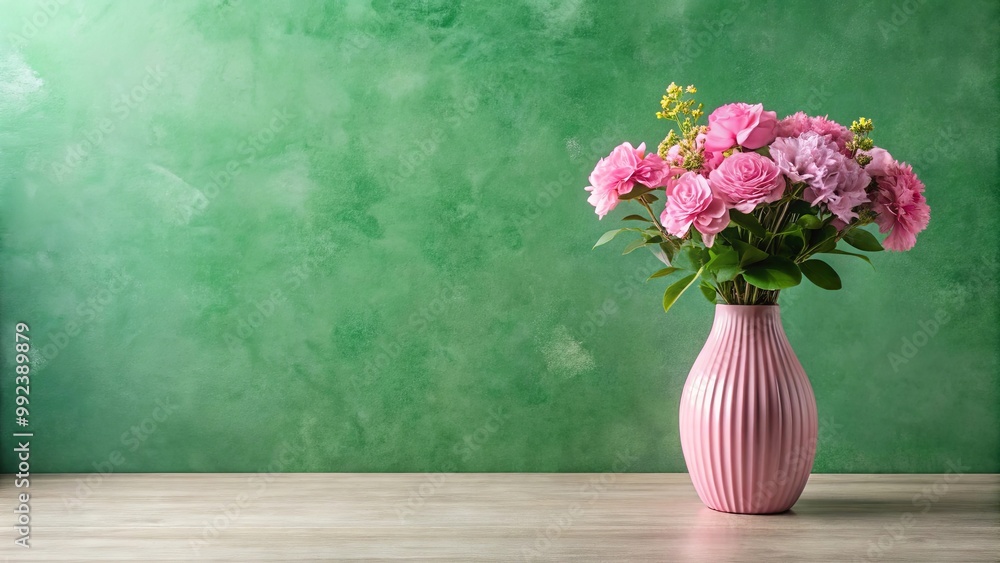 A bouquet of pink roses and other flowers in a pink vase on a wooden table with a green textured wall background. A bouquet of pink roses and other flowers in a pink vase on a wooden table with a green textured wall background.
