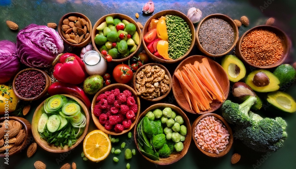 Fototapeta premium A vibrant spread of delicious low-carb meals showcases colorful vegetables, lean proteins, and healthy fats, offering satisfying choices that promote wellness and weight loss.