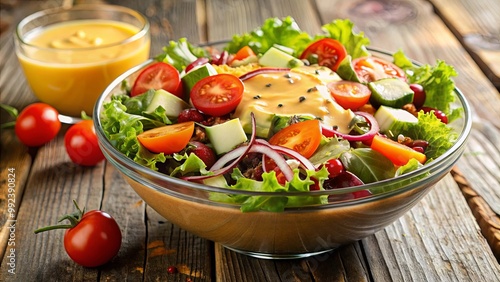 A bowl of fresh salad with mixed greens, cherry tomatoes, cucumber, red onion and a creamy dressing.