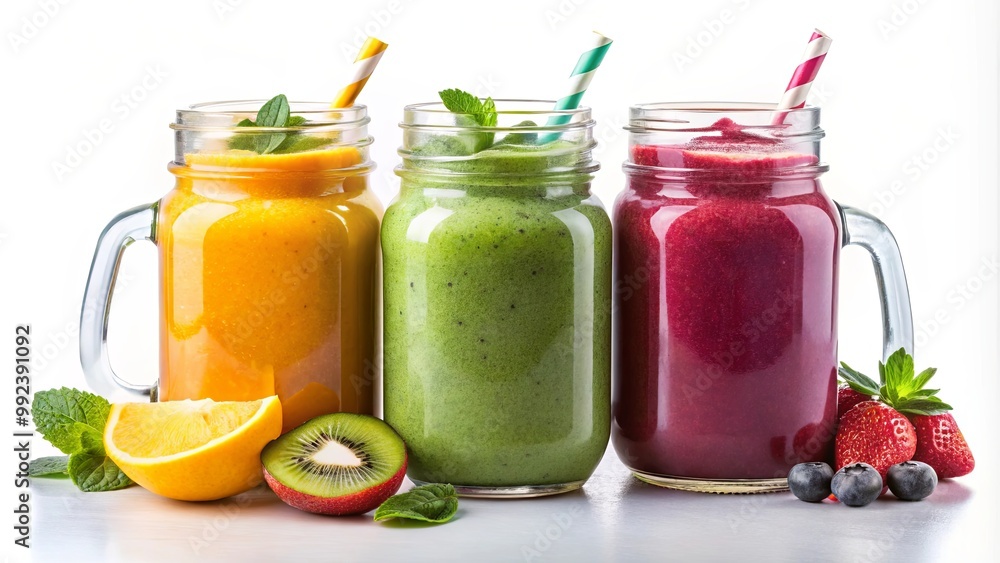 A Refreshing Trio of Fruit Smoothies in Mason Jars with Colorful Straws and Fresh Ingredients A Refreshing Trio of Fruit Smoothies in Mason Jars with Colorful Straws and Fresh Ingredients