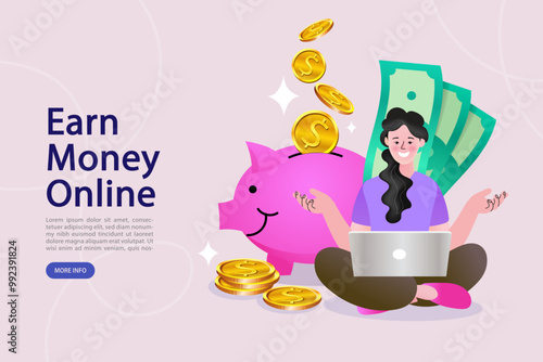 Gold coins fly directly from a laptop to a piggy bank in this vector concept, perfectly illustrating the process of earning money online, building passive income, and achieving financial success.