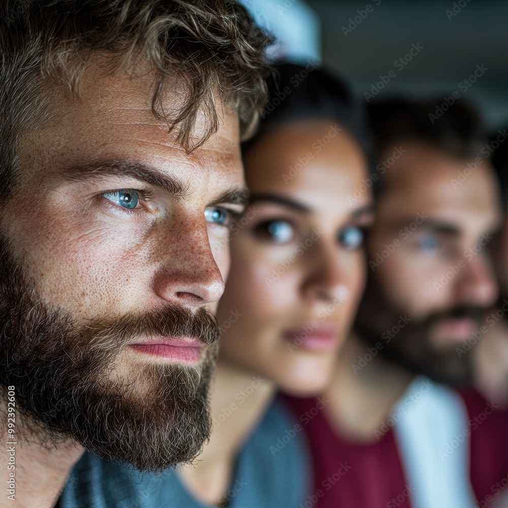 Intense gaze of a bearded man with two people in the background Intense gaze of a bearded man with two people in the background