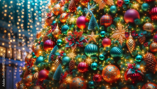 A festively decorated Christmas tree sparkles with lights, ornaments, and joyful holiday cheer. photo