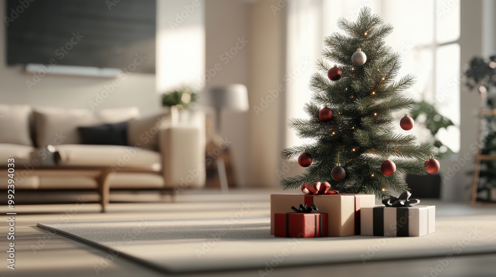 Cozy living room with a decorated Christmas tree and gift boxes. Cozy living room with a decorated Christmas tree and gift boxes.