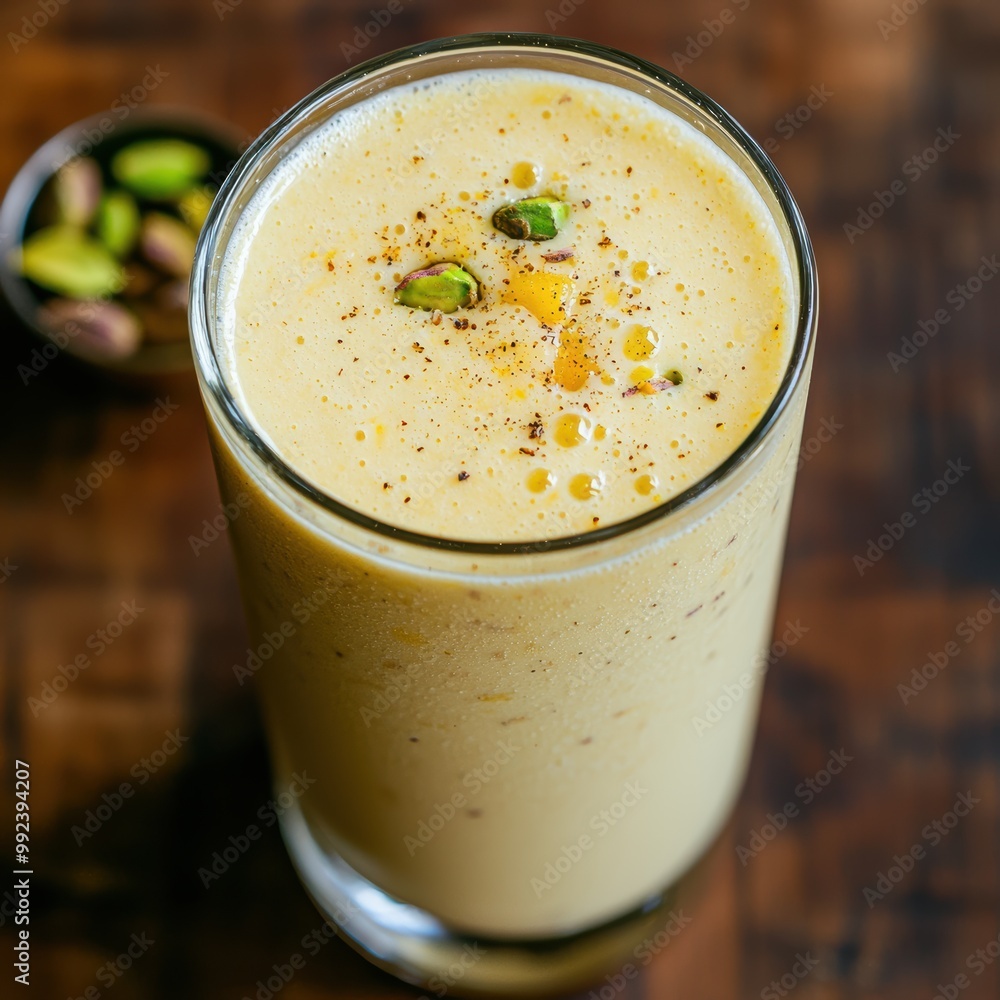 Creamy yellow smoothie with pistachios and spices Creamy yellow smoothie with pistachios and spices