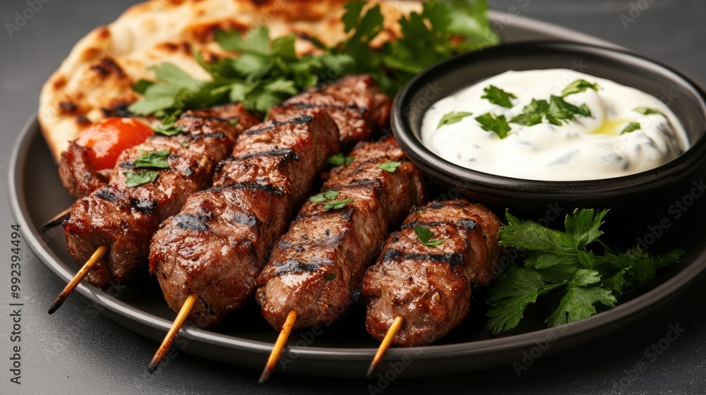 Delicious grilled kebabs served with naan and yogurt sauce on a plate. Delicious grilled kebabs served with naan and yogurt sauce on a plate.