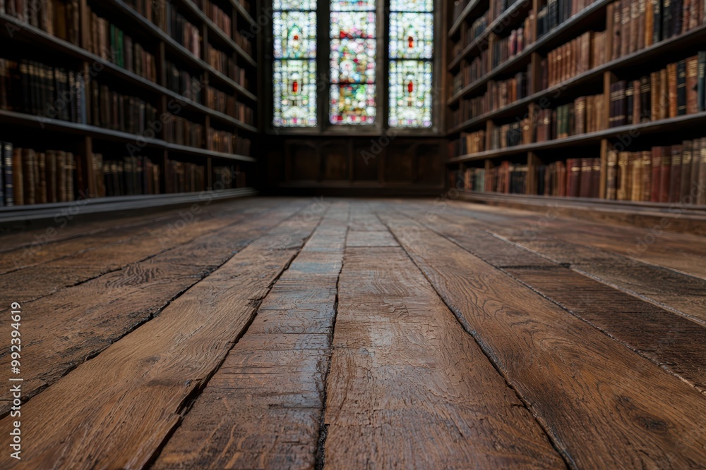 Cozy library interior with wooden shelves and stained glass windows Cozy library interior with wooden shelves and stained glass windows