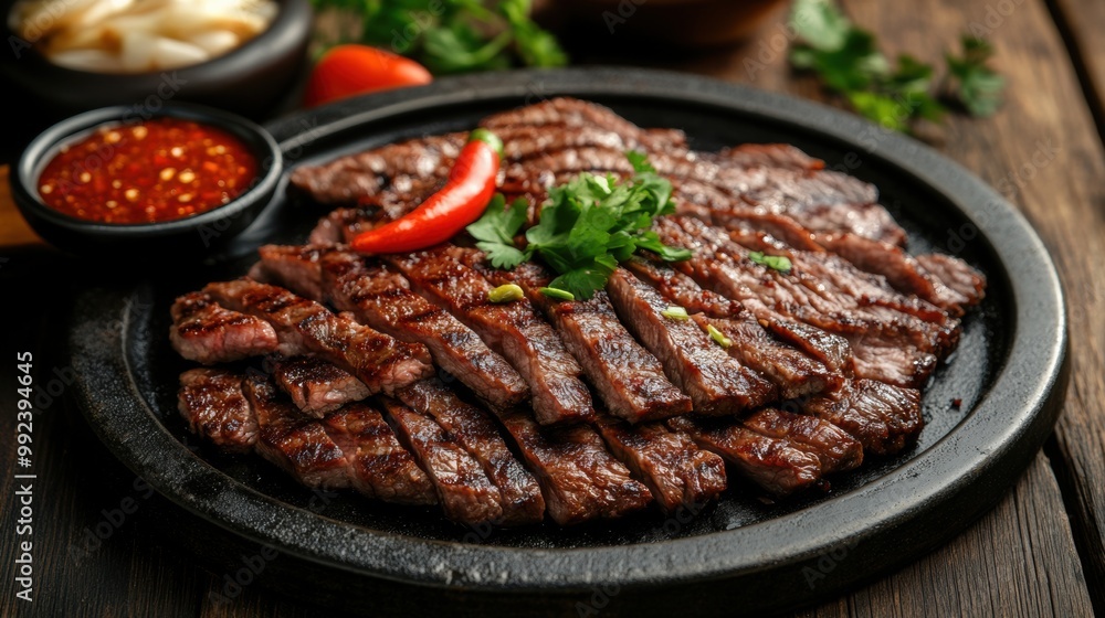 Delicious grilled steak served with herbs and sauce on a wooden table Delicious grilled steak served with herbs and sauce on a wooden table