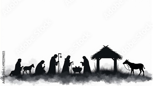 Christmas nativity scene, the magi visit the messiah, Magi visit Jesus in manger with gifts. photo