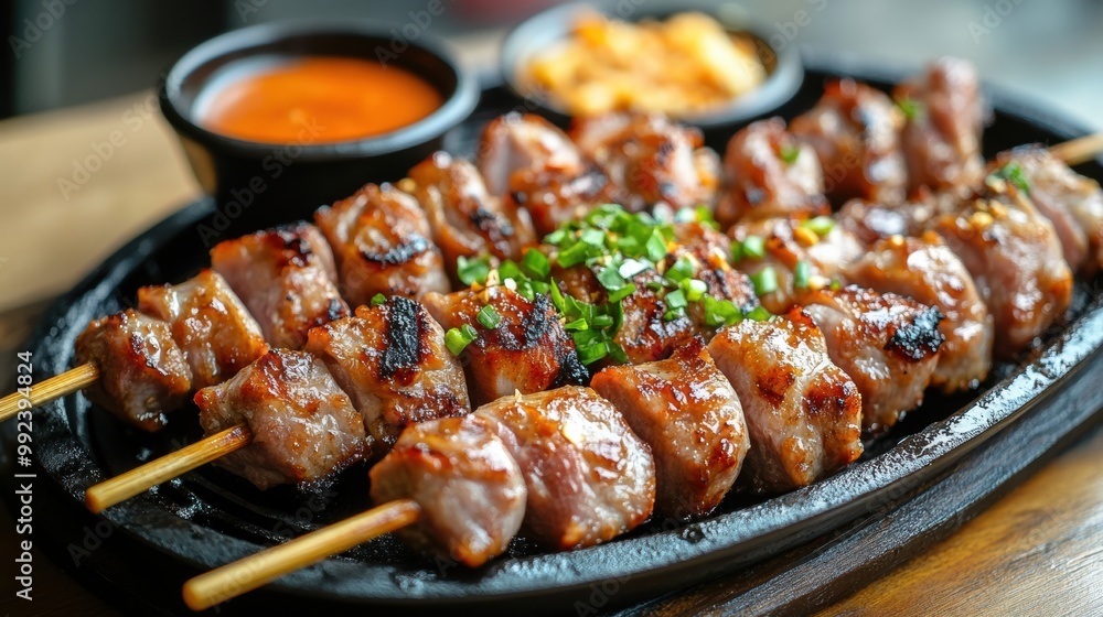 Delicious skewered meat dish served on a sizzling platter. Delicious skewered meat dish served on a sizzling platter.