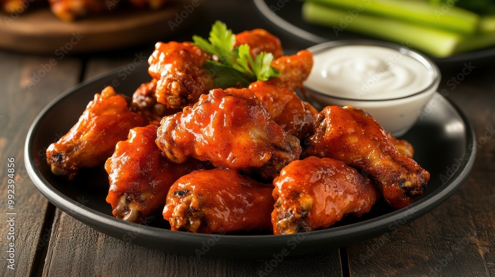 Delicious spicy chicken wings with ranch sauce and celery on a rustic wooden table. Delicious spicy chicken wings with ranch sauce and celery on a rustic wooden table.