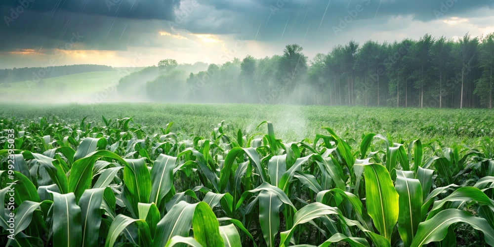 Fototapeta premium A field of corn stalks bathed in sunlight and rain with a misty forest in the background