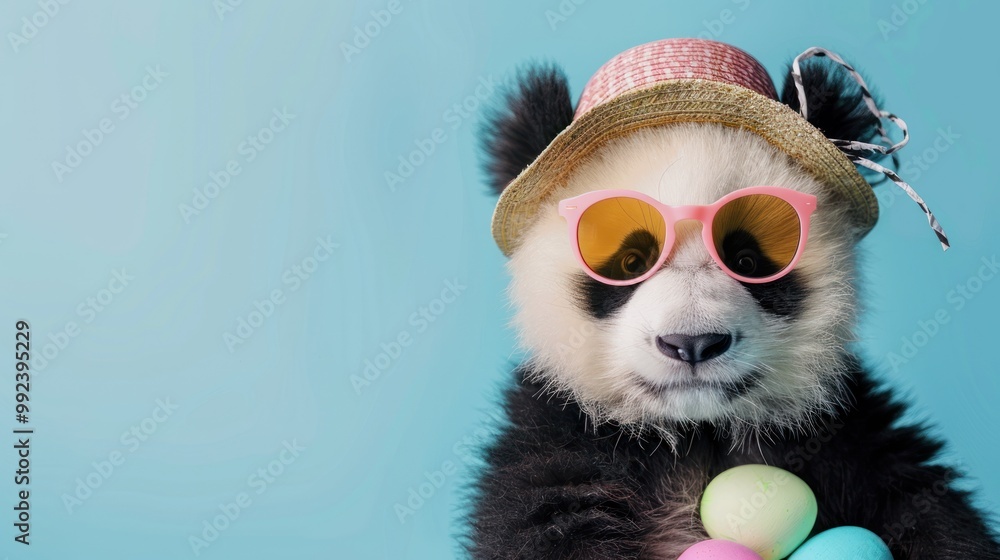 Cute panda in hat and sunglasses on blue background with copy space AI generated image Cute panda in hat and sunglasses on blue background with copy space AI generated image