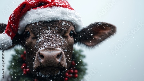 close-up of a cow wearing a santa hat in the snow